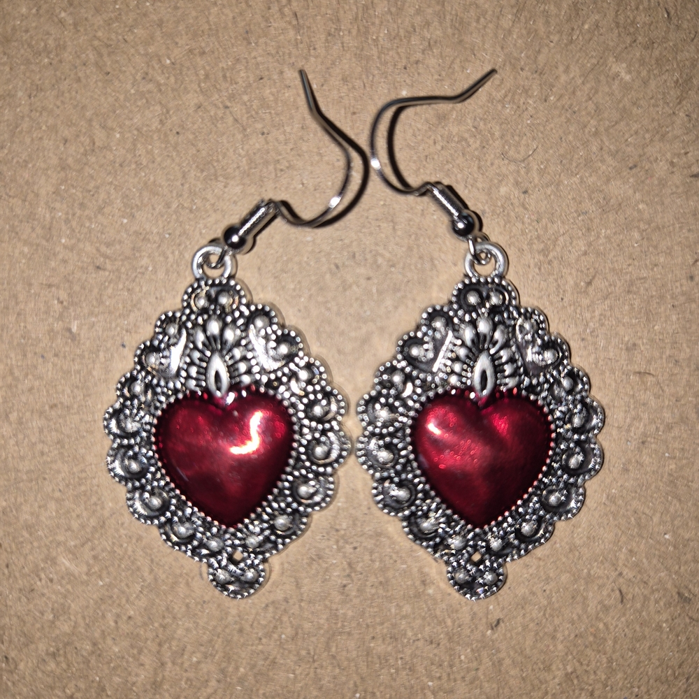 Silver and Red Heart Earrings